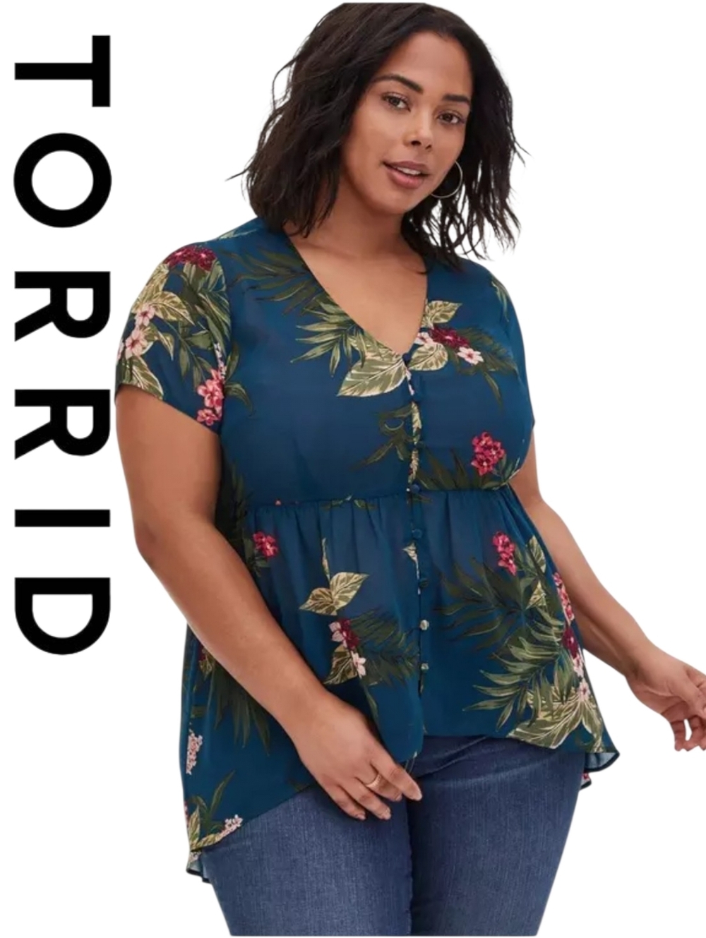 TorridBabydoll Chiffon Button-Front Tunic Top Teal Blue Beautiful Floral Foliage
